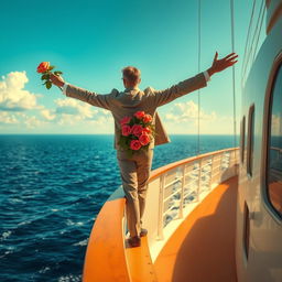 A romantic scene on the deck of a large ocean liner, reminiscent of a famous movie moment