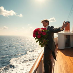 A romantic scene on the deck of a large ocean liner, reminiscent of a famous movie moment