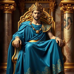 A futuristic Roman emperor, wearing an elegant flowing blue dress with gold accents, confidently seated on a lavish throne adorned with intricate carvings