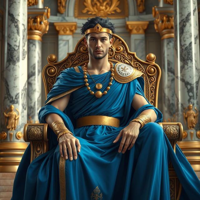 A futuristic Roman emperor, wearing an elegant flowing blue dress with gold accents, confidently seated on a lavish throne adorned with intricate carvings