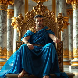 A futuristic Roman emperor, wearing an elegant flowing blue dress with gold accents, confidently seated on a lavish throne adorned with intricate carvings
