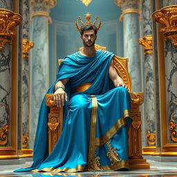 A futuristic Roman emperor, wearing an elegant flowing blue dress with gold accents, confidently seated on a lavish throne adorned with intricate carvings