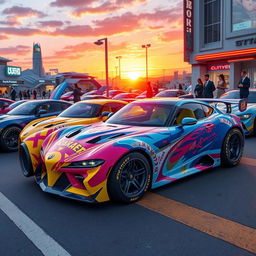 A collection of unique anime-inspired cars, featuring vibrant colors and distinct designs