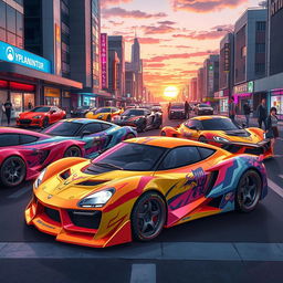 A collection of unique anime-inspired cars, featuring vibrant colors and distinct designs