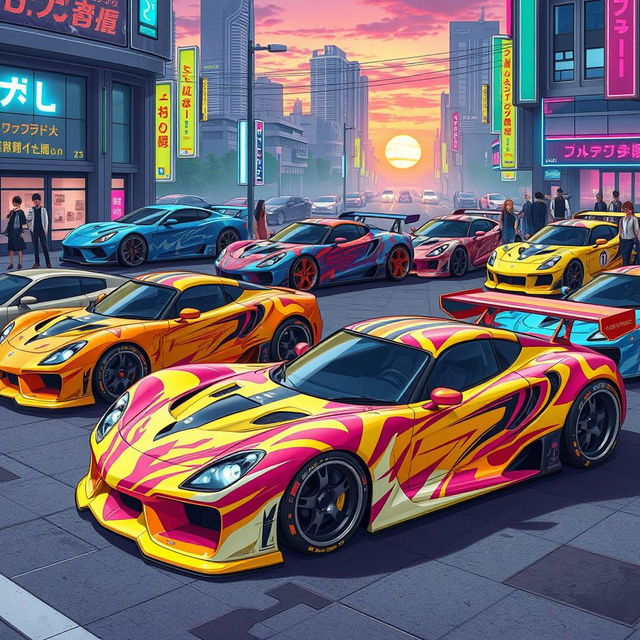 A collection of unique anime-inspired cars, featuring vibrant colors and distinct designs