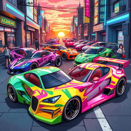 A collection of unique anime-inspired cars, featuring vibrant colors and distinct designs