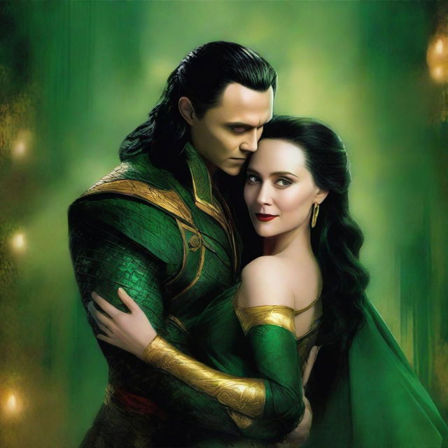 This high-quality digital art image depicts a captivating scene of Loki, the god of mischief from the Marvel Cinematic Universe, and a breathtakingly beautiful female vampiress deeply in love