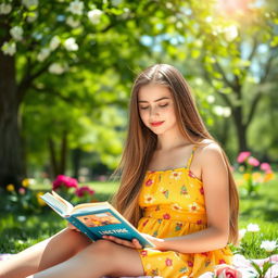 A teenage girl with long flowing hair wearing a bright, colorful sundress while enjoying a sunny day at the park, surrounded by blooming flowers and green trees