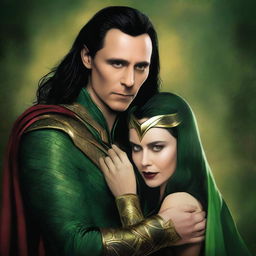 This high-quality digital art image depicts a captivating scene of Loki, the god of mischief from the Marvel Cinematic Universe, and a breathtakingly beautiful female vampiress deeply in love