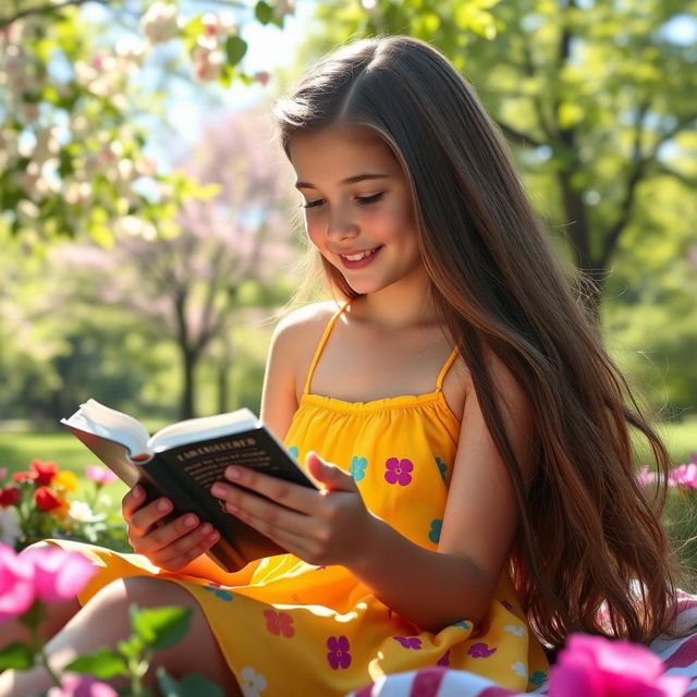 A teenage girl with long flowing hair wearing a bright, colorful sundress while enjoying a sunny day at the park, surrounded by blooming flowers and green trees