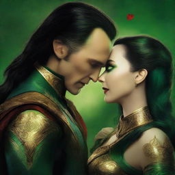 This high-quality digital art image depicts a captivating scene of Loki, the god of mischief from the Marvel Cinematic Universe, and a breathtakingly beautiful female vampiress deeply in love