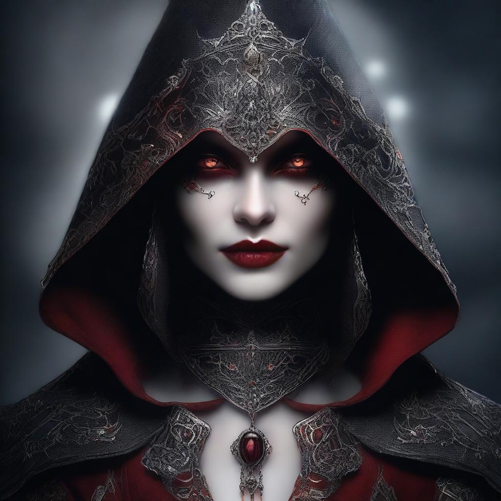 This high-quality digital art image showcases a vampiress wearing an enchantingly beautiful hood and armor