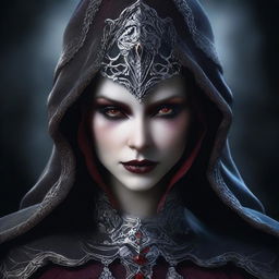 This high-quality digital art image showcases a vampiress wearing an enchantingly beautiful hood and armor