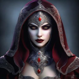 This high-quality digital art image showcases a vampiress wearing an enchantingly beautiful hood and armor