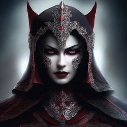 This high-quality digital art image showcases a vampiress wearing an enchantingly beautiful hood and armor