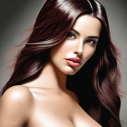 This is a high-quality digital art image of a full-bodied, sexy naked brunette woman with medium lips and long, straight hair