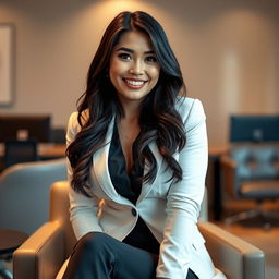 A beautiful Filipina businesswoman, 26 years old, with voluptuous curves and a playful, confident demeanor, sitting in a stylish office environment