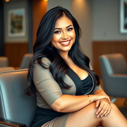 A beautiful Filipina businesswoman, 26 years old, with voluptuous curves and a playful, confident demeanor, sitting in a stylish office environment