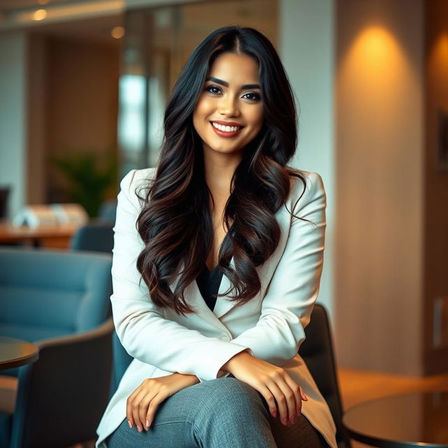 A beautiful Filipina businesswoman, 26 years old, with voluptuous curves and a playful, confident demeanor, sitting in a stylish office environment