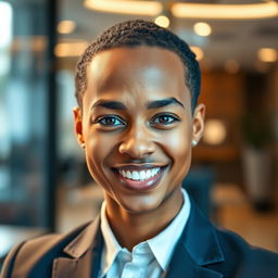 A close-up portrait of a professional individual with a clear, well-defined face in a crisp, confident expression