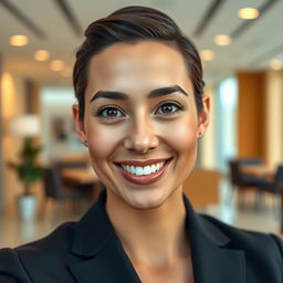 A close-up portrait of a professional individual with a clear, well-defined face in a crisp, confident expression