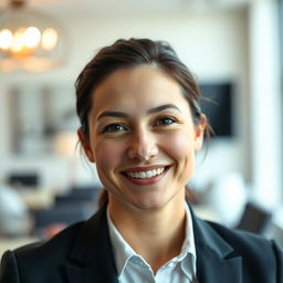 A close-up portrait of a professional individual with a clear, well-defined face in a crisp, confident expression