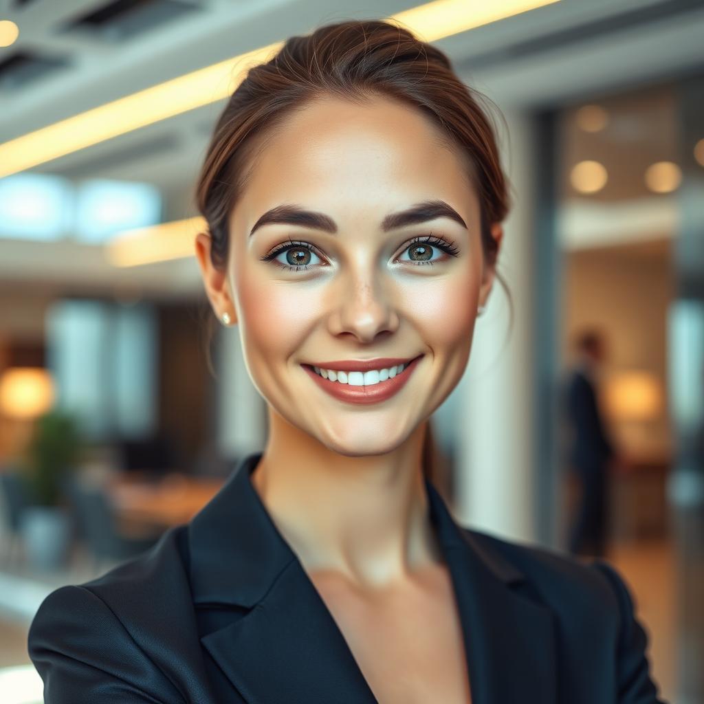 A close-up portrait of a professional individual with a clear, well-defined face in a crisp, confident expression