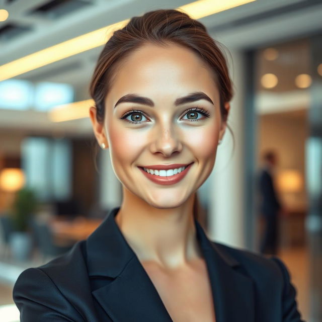 A close-up portrait of a professional individual with a clear, well-defined face in a crisp, confident expression