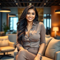 A stunning Filipina businesswoman, 26 years old, with curvy figures and a playful, cheeky expression, relaxing in a modern, stylish office space