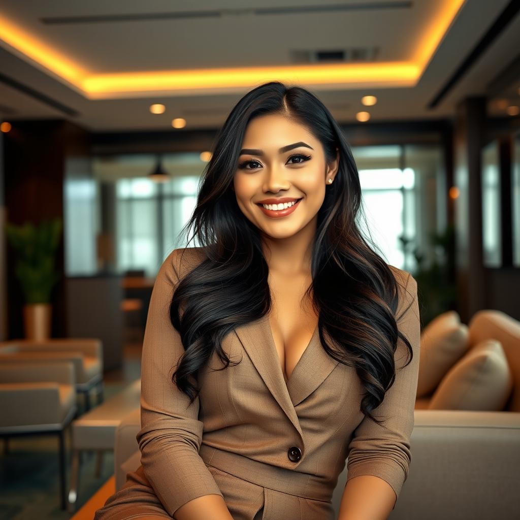 A stunning Filipina businesswoman, 26 years old, with curvy figures and a playful, cheeky expression, relaxing in a modern, stylish office space