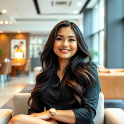 A stunning Filipina businesswoman, 26 years old, with curvy figures and a playful, cheeky expression, relaxing in a modern, stylish office space