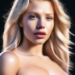 A high-quality, realistic digital art image presents a naked blonde woman with medium-sized lips