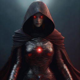 This is a high-quality digital art image, featuring a mysterious female figure draped in an armored cloak