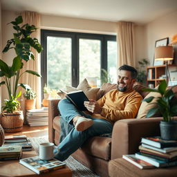 A man sitting comfortably in his cozy living room, wearing casual clothing