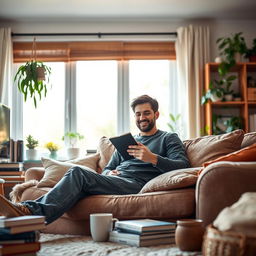 A man sitting comfortably in his cozy living room, wearing casual clothing