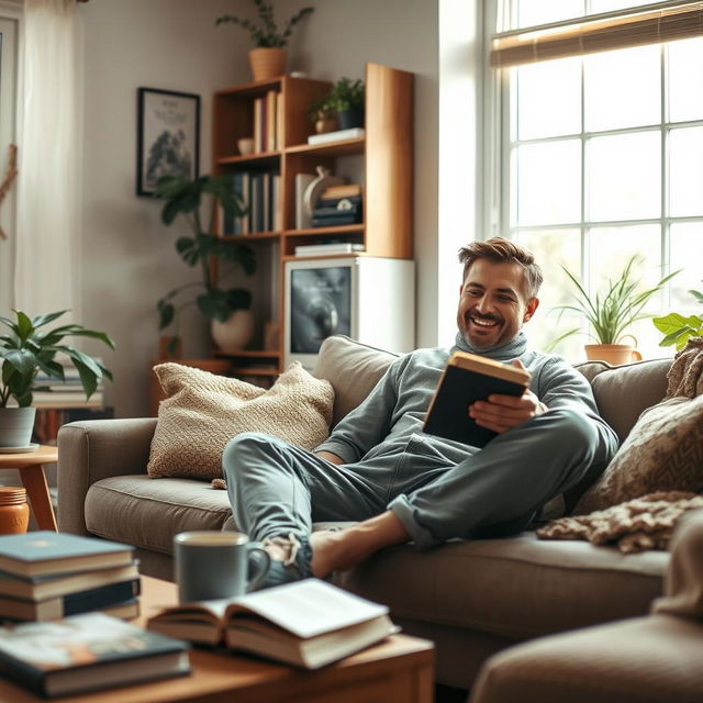 A man sitting comfortably in his cozy living room, wearing casual clothing