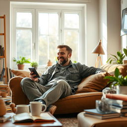 A man sitting comfortably in his cozy living room, wearing casual clothing