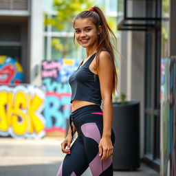 A trendy teenage girl wearing stylish leggings, standing confidently in a chic urban environment