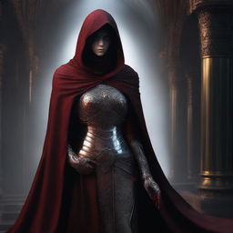 This is a high-quality digital art image, featuring a mysterious female figure draped in an armored cloak