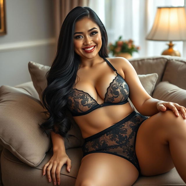 A stunning Filipina businesswoman, 26 years old, with voluptuous curves and a playful, flirtatious expression, lounging elegantly in a tastefully decorated living space