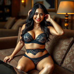 A stunning Filipina businesswoman, 26 years old, with voluptuous curves and a playful, flirtatious expression, lounging elegantly in a tastefully decorated living space