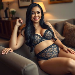 A stunning Filipina businesswoman, 26 years old, with voluptuous curves and a playful, flirtatious expression, lounging elegantly in a tastefully decorated living space