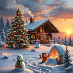 A breathtaking Christmas scene featuring a beautifully decorated tree adorned with twinkling lights and colorful ornaments