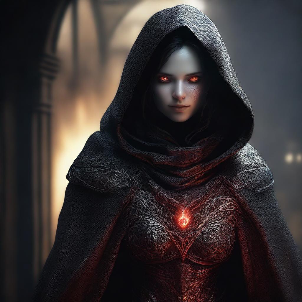 This is a high-quality digital art image, featuring a mysterious female figure draped in an armored cloak