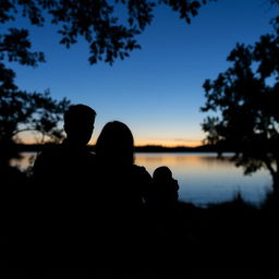 A husband and wife with a small baby sitting together in front of a serene lake at twilight