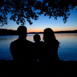 A husband and wife with a small baby sitting together in front of a serene lake at twilight