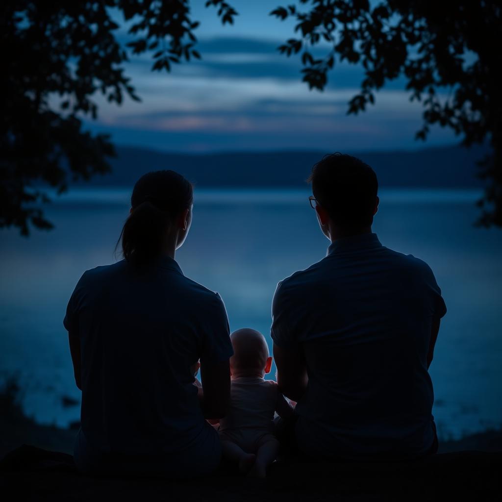 A husband and wife with a small baby sitting together in front of a serene lake at twilight