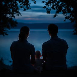 A husband and wife with a small baby sitting together in front of a serene lake at twilight