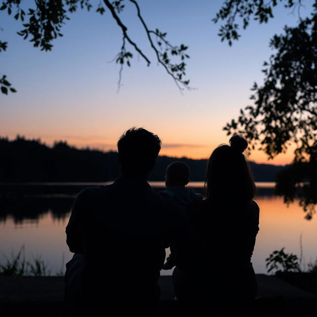 A husband and wife with a small baby sitting together in front of a serene lake at twilight