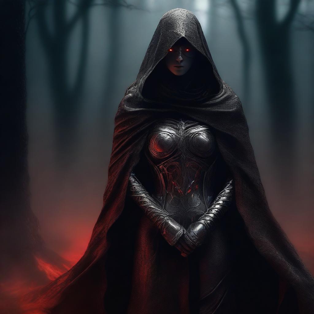 This is a high-quality digital art image, showcasing a mysterious female figure shrouded in darkness, draped in an armored cloak